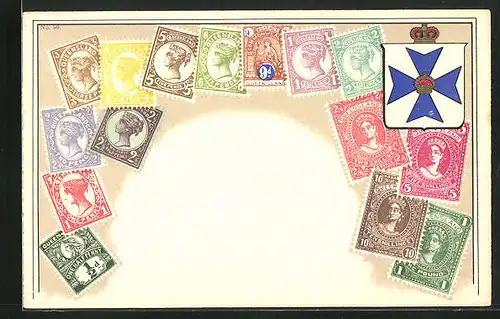 AK Briefmarken Queensland und Wappen