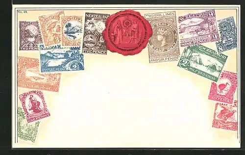 AK Neuseeland, Briefmarken mit unterschiedlichen Motiven und Siegel