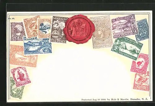 AK Neuseeland, Briefmarken mit unterschiedlichen Motiven und Siegel