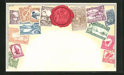 AK Neuseeland, Briefmarken mit unterschiedlichen Motiven und Siegel