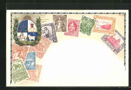 AK Briefmarken Uruguay und Wappen
