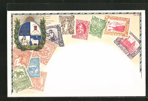 AK Briefmarken Uruguay und Wappen