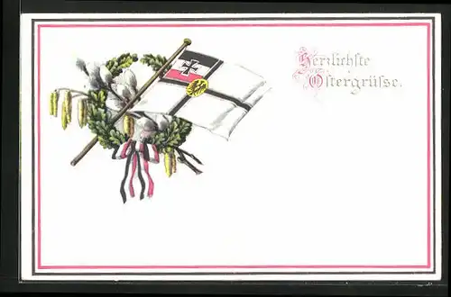 AK Deutsche Kriegsflagge mit Eichenkranz und Weidenzweig, Ostergruss