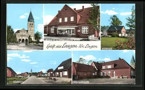 AK Langen /Kr. Lingen, Bäckerei u. Lebnesmittel Bruns, Katholische Kirche, Ehrenmal