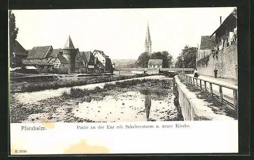 AK Pforzheim, Partie an der Enz mit Schelmenturm und neuer Kirche