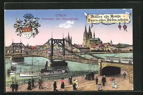 AK Köln, Rheinpanorama mit Hängebrücke und Strassenbahn, Wappen