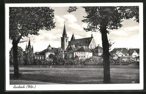 AK Ansbach /Mfr., Ortspartie mit Kirche und Bäumen