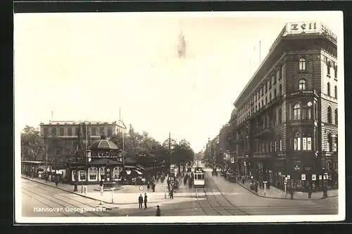 AK Hannover, Georgstrasse mit Geschäften und Strassenbahn