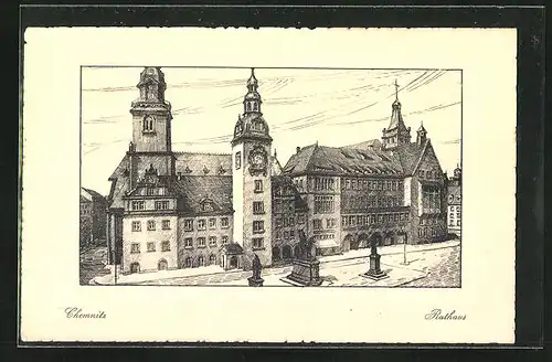 Künstler-AK Chemnitz, Rathaus mit Kirche und Denkmal