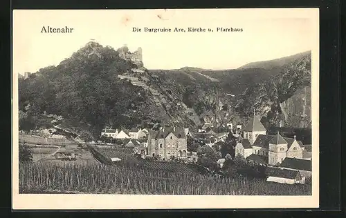 AK Altenahr, Die Burgruine Are, Kirche und Pfarrhaus