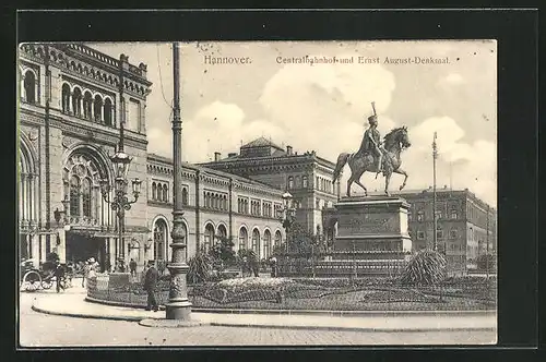 AK Hannover, Centralbahnhof und Ernst August-Denkmal