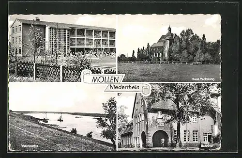 AK Möllen /Niederrhein, Bahnhof, Haus Wohung, Rheinpartie