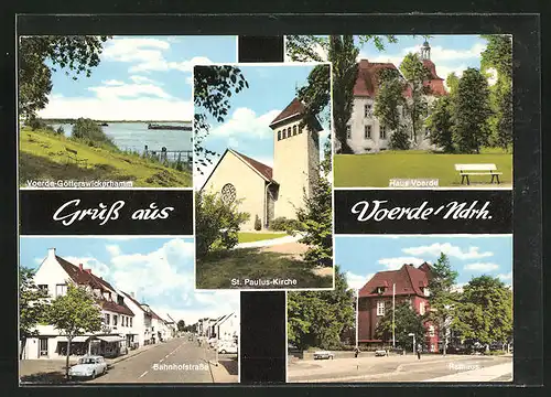 AK Voerde / Ndrh., Bahnhofstrasse, St. Paulus-Kirche, Rathaus