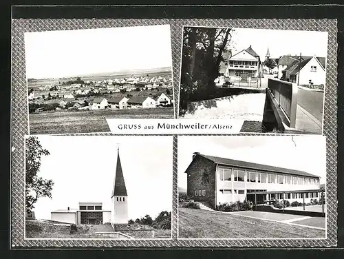 AK Münchweiler / Alsenz, Brücke mit Ortsansicht, Schulhaus, Gesamtansicht