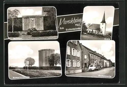 AK Morschheim / Pfalz, Ehrenmal, Wasserturmpartie, Kirche