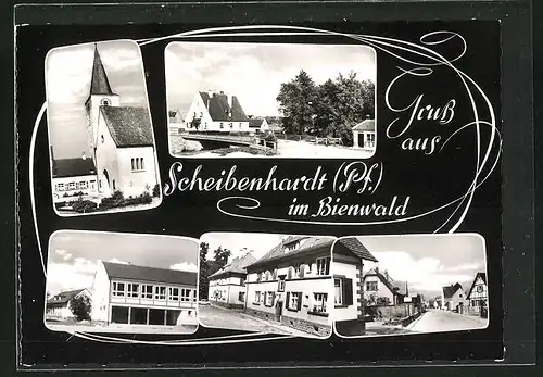 AK Scheibenhardt / Pfalz, Dorfstrasse im Sonnenschein, Kirche, Brücke