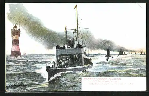 AK Torpedoboots-Division in der Wesermündung Rotsand-Leuchtturm passierend
