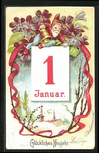 AK Zwerg mit Glocke, 1. Januar