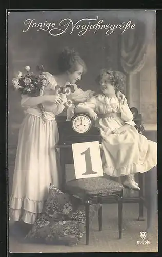 AK Innige Neujahrsgrüsse mit Mutter und Tochter