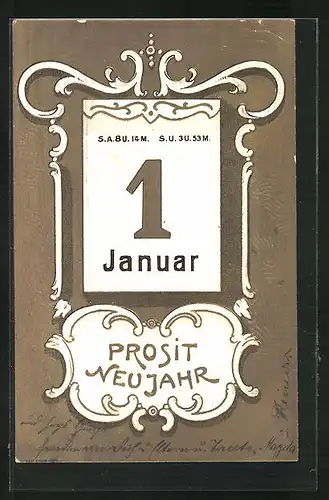 Präge-AK Neujahrsgruss mit Kalenderblatt, 1. Januar