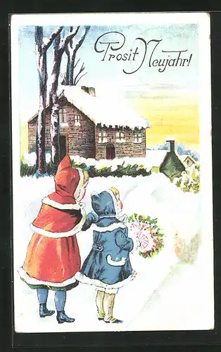 Künstler-AK Neujahrsgruss, Mädchen mit Blumenstrauss im Winter