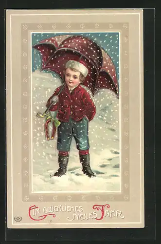 Präge-Künstler-AK Neujahrsgruss, Kind mit Hufeisen im Schneegestöber