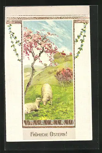Präge-Künstler-AK Ostergruss, Schafe auf der Weide, Kirschblüten