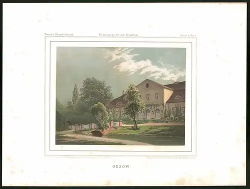 Lithographie Gusow, Kreis Lebus, Farblithographie aus Duncker 1865, 28 x 37cm