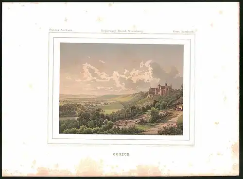 Lithographie Goseck, Kreis Querfurth, Farblithographie aus Duncker 1865, 28 x 38cm