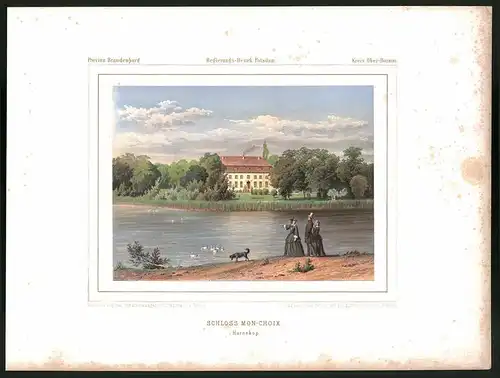 Lithographie Schloss Mon-Choix (Harnekop.), Kreis Ober-Barnim, Farblithographie aus Duncker 1865, 28 x 37cm