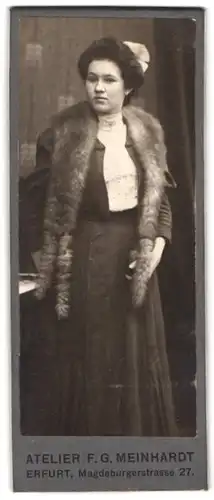 Fotografie F. G. Meinhardt, Erfurt, Magdeburgerstr. 27, Portrait junge Frau im Biedermeierkleid mit Perlzstola