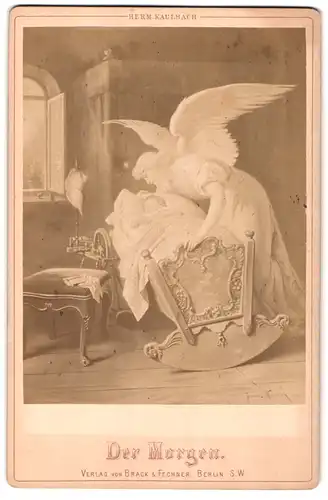 Fotografie Brack & Fechner, Berlin, Herm. Kaulbach: Der Morgen, Engel wigt Baby im Bette, Spindel