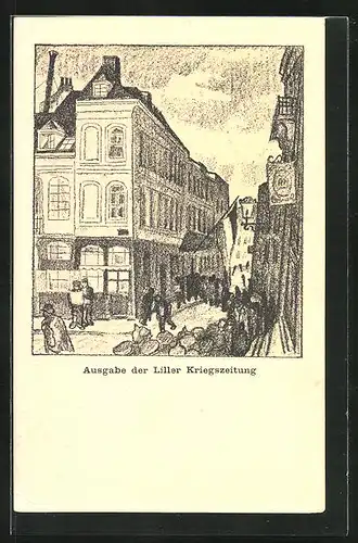 Künstler-AK sign. Karl Arnold: Strassenpartie mit Soldaten