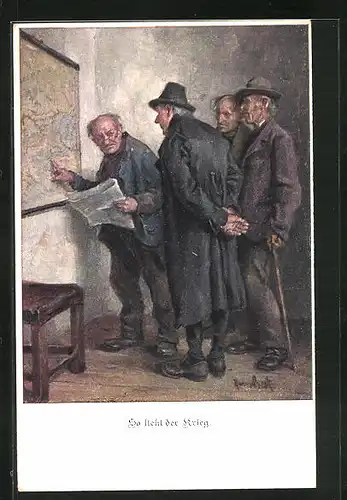 Künstler-AK So steht der Krieg, Veteranen bei einer Lagebesprechung