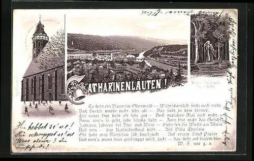 Lithographie Hann. Münden, Adventistisches Katharinenläuten, Totalansicht mit Kirche und Weser