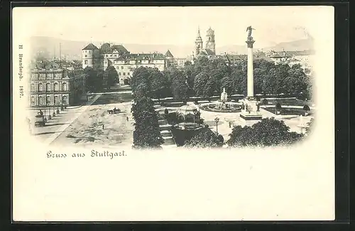 AK Stuttgart, Ortspartie mit Denkmal und Brunnen