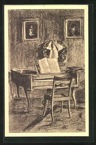 Künstler-AK Zwickau i. Sa., Robert-Schumann-Museum, Blick in das Gedenkzimmer, Arbeitszimmer Schumanns