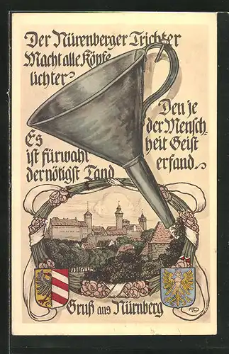 Künstler-AK Nürnberg, Ortspartie, Nürnberger Trichter, Wappen