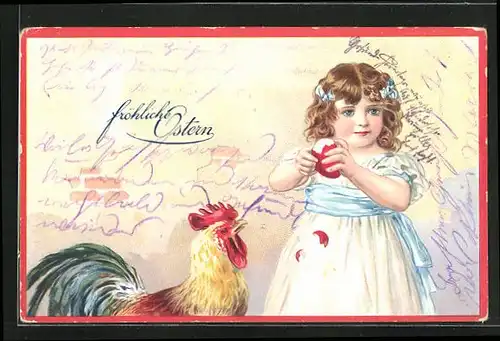 Präge-Lithographie Niedliches Mädchen im Kleid mit rotem Osterei
