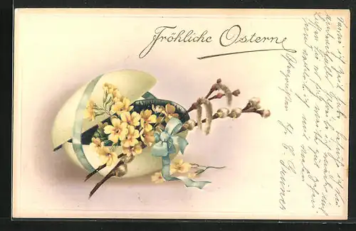 Präge-AK Grossen Osterei mit gelben Blumen