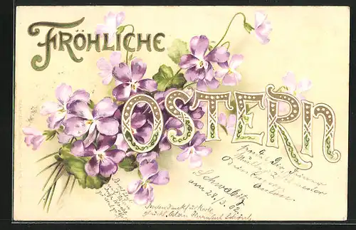 Präge-Lithographie Fröhliche Ostern mit bunten Blumen