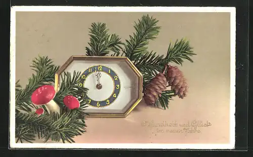 AK Uhr mit goldenem Rahmen und Tannenzweige mit Pilzen zum Neujahr