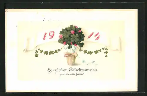 Präge-AK Kleeblätter im Topf und Jahreszahl, Neujahrsgruss 1914