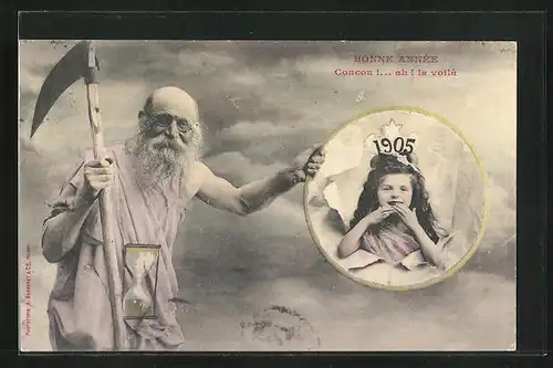 AK Coucou!...ah! la voilà, Alter Mann mit Sense hält Reifen mit Mädchen durch zerrissenes Papier, Jahreszahl 1905