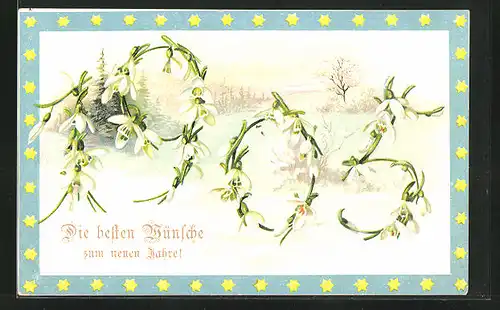 Präge-AK Winterlandschaft und Jahreszahl mit Blumen, Neujahrsgruss 1905