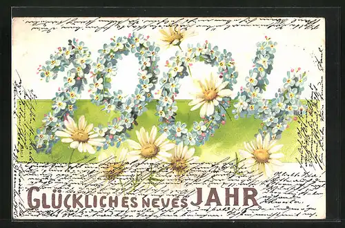 Präge-AK Jahreszahl aus Blumen, Neujahrsgruss 1904