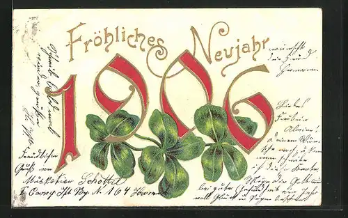 Präge-AK Jahreszahl mit Kleeblättern, Neujahrsgruss 1906