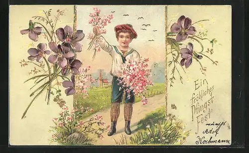 Präge-AK Junge im Matrosenhemd mit Blumen, Pfingsgruss