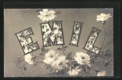 AK Schriftzug Emil mit Frauenportraits, Namenstag