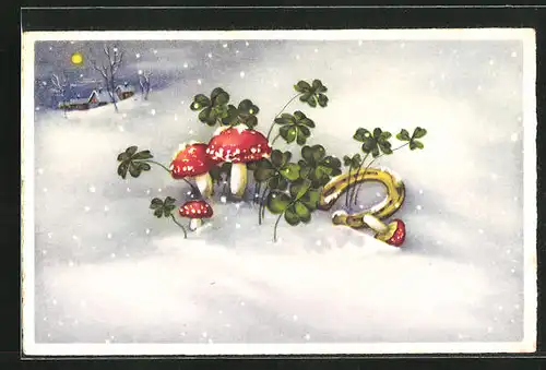 AK Hufeisen mit Fliegenpilzen und Kleeblättern im Schnee bei Mondschein